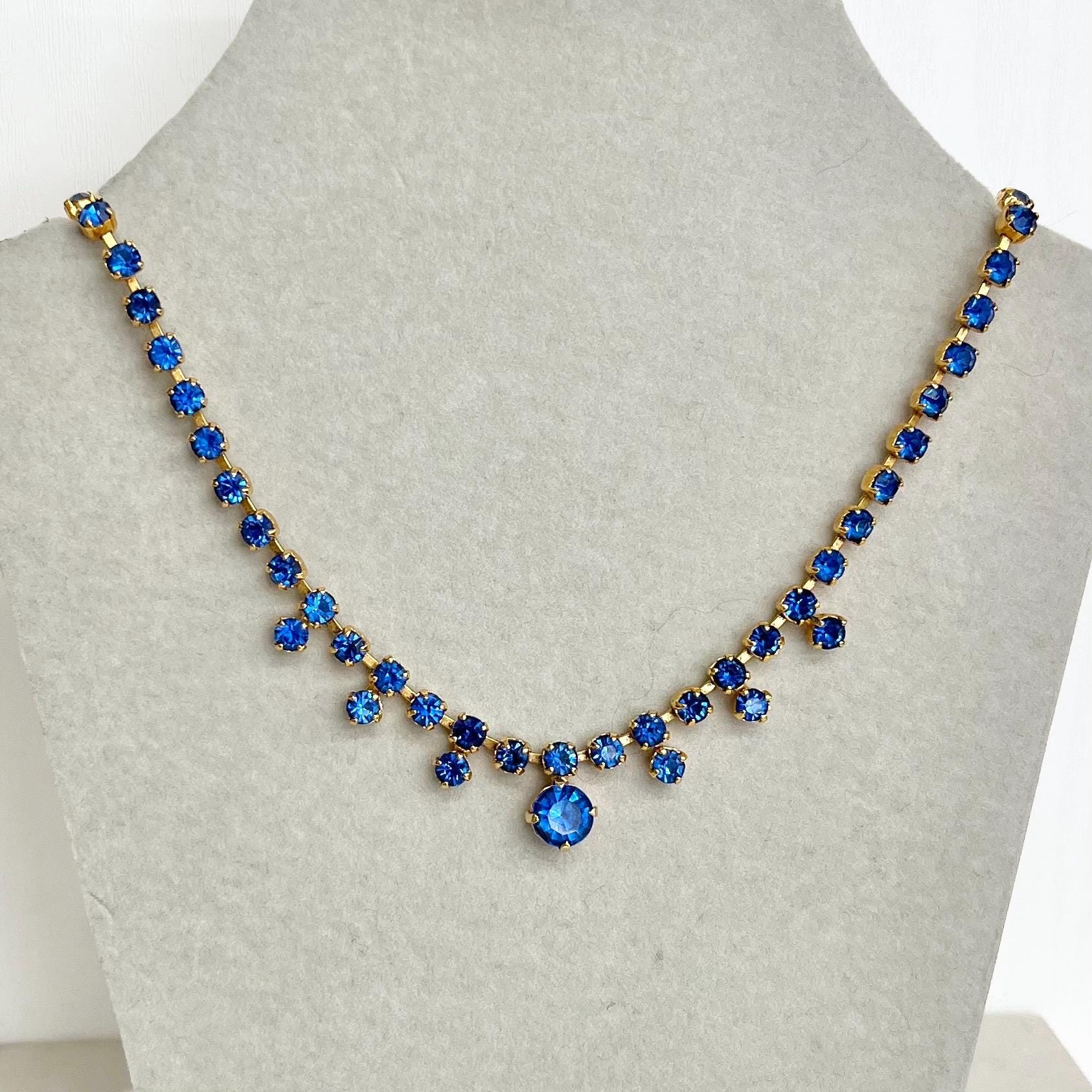 Vintage Blue Crystal Diamante Droplet Paste Necklace : Bridal Necklace Bridesmaid or Prom Jewellery MillyOliverVintage
