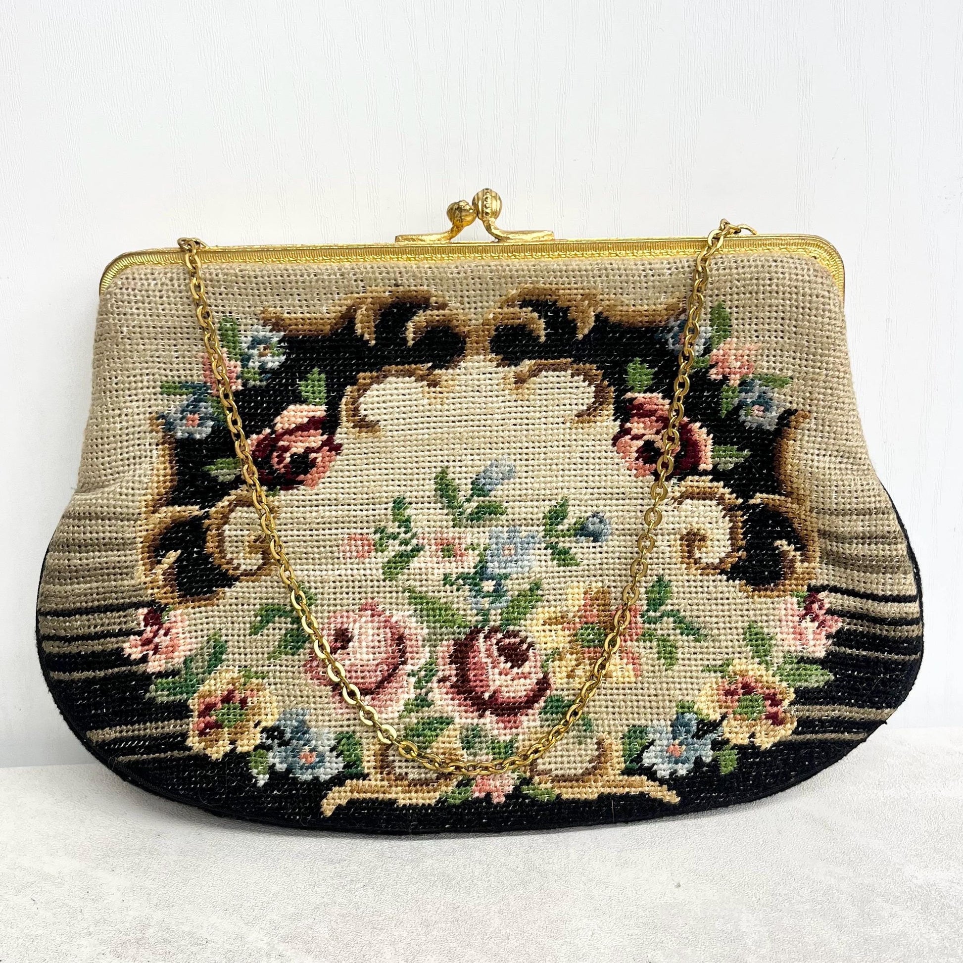 1940’s Needlepoint Tapestry Evening Bag : Hand Stitched Beautifully Floral Design MillyOliverVintage