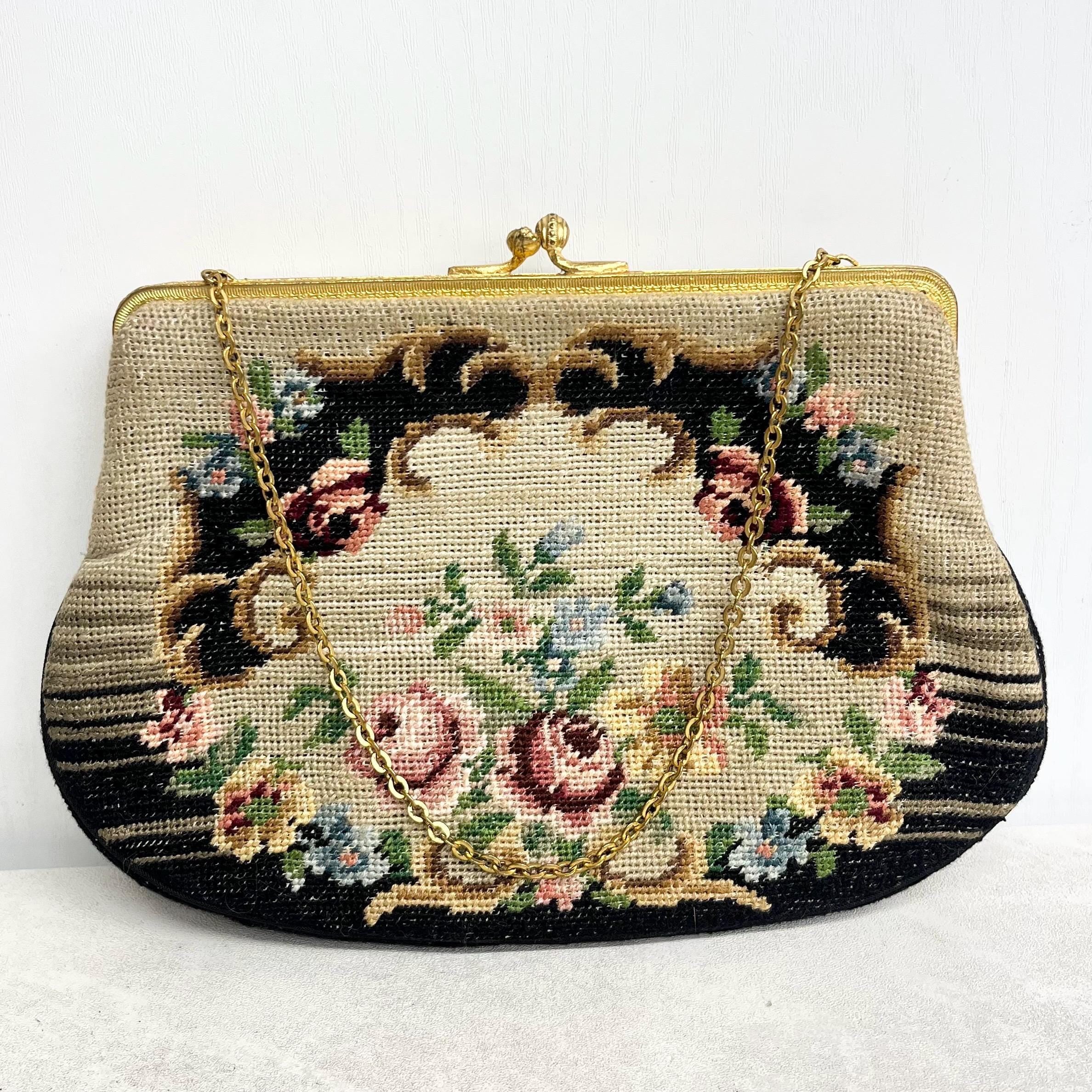1940’s Needlepoint Tapestry Evening Bag : Hand Stitched Beautifully Floral Design MillyOliverVintage
