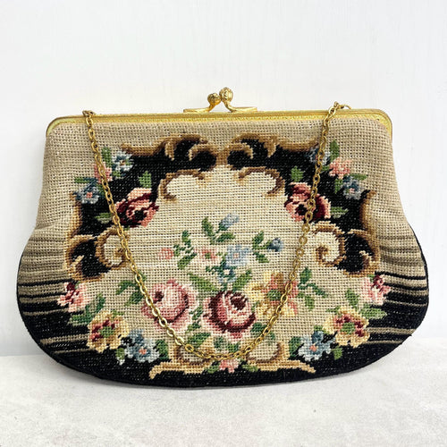 1940’s Needlepoint Tapestry Evening Bag : Hand Stitched Beautifully Floral Design MillyOliverVintage