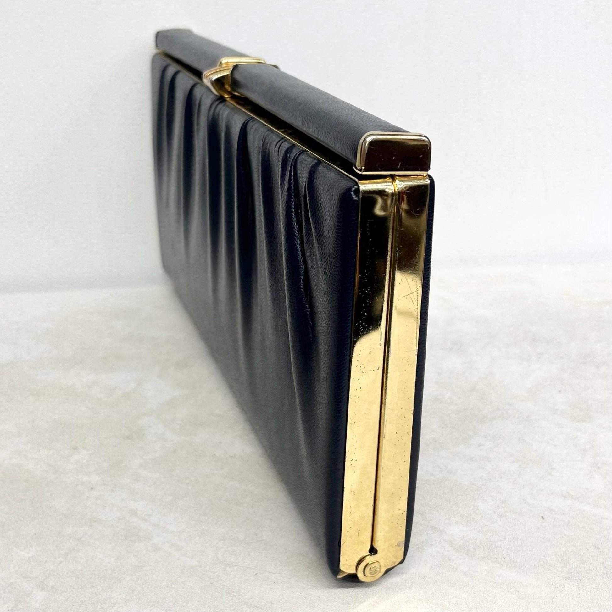 Navy Clutch Bag : Vintage Hard Cased Ruched Leather with Gold Clasp by Salisbury MillyOliverVintage