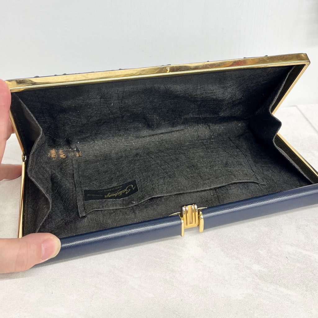 Navy Clutch Bag : Vintage Hard Cased Ruched Leather with Gold Clasp by Salisbury MillyOliverVintage