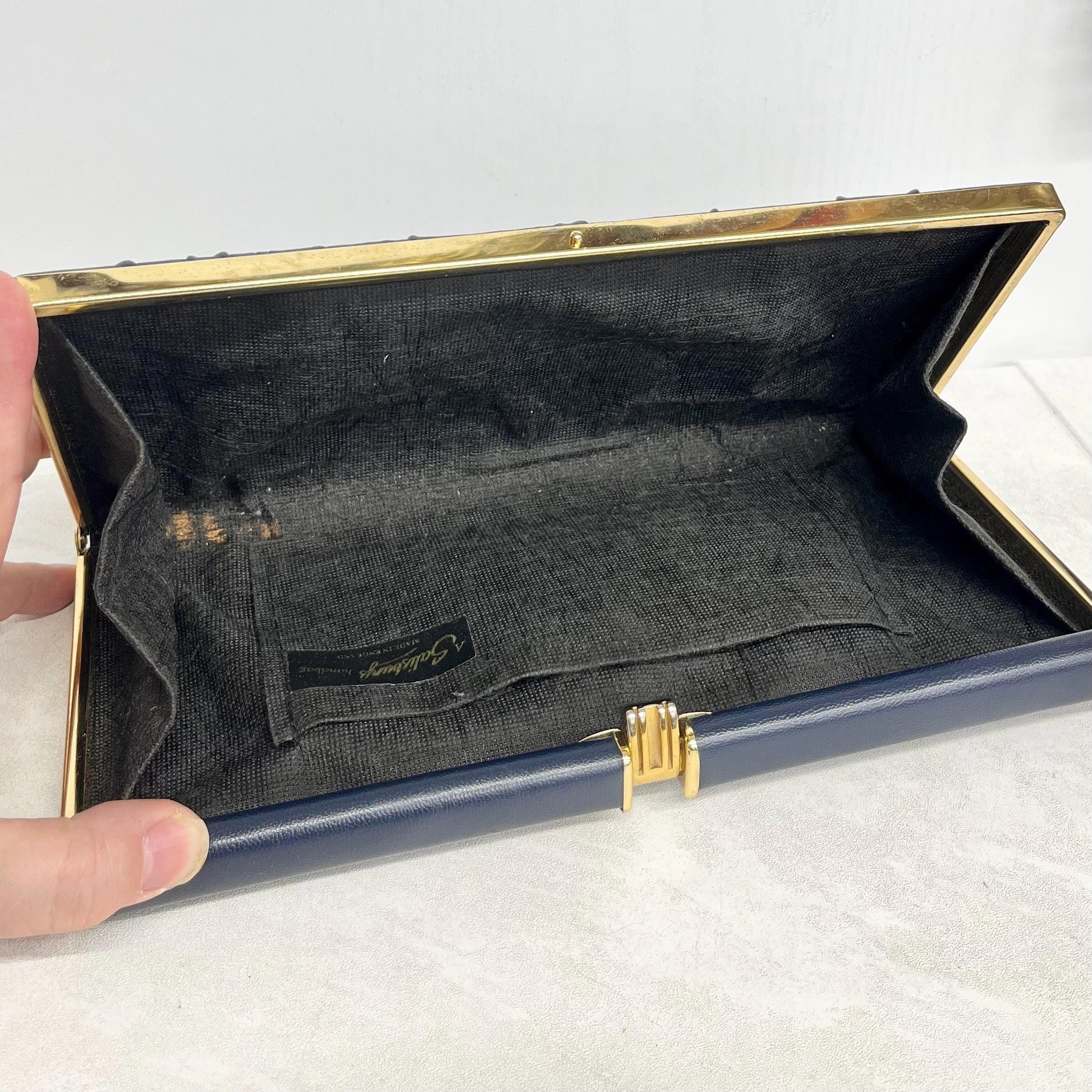 Navy Clutch Bag : Vintage Hard Cased Ruched Leather with Gold Clasp by Salisbury MillyOliverVintage