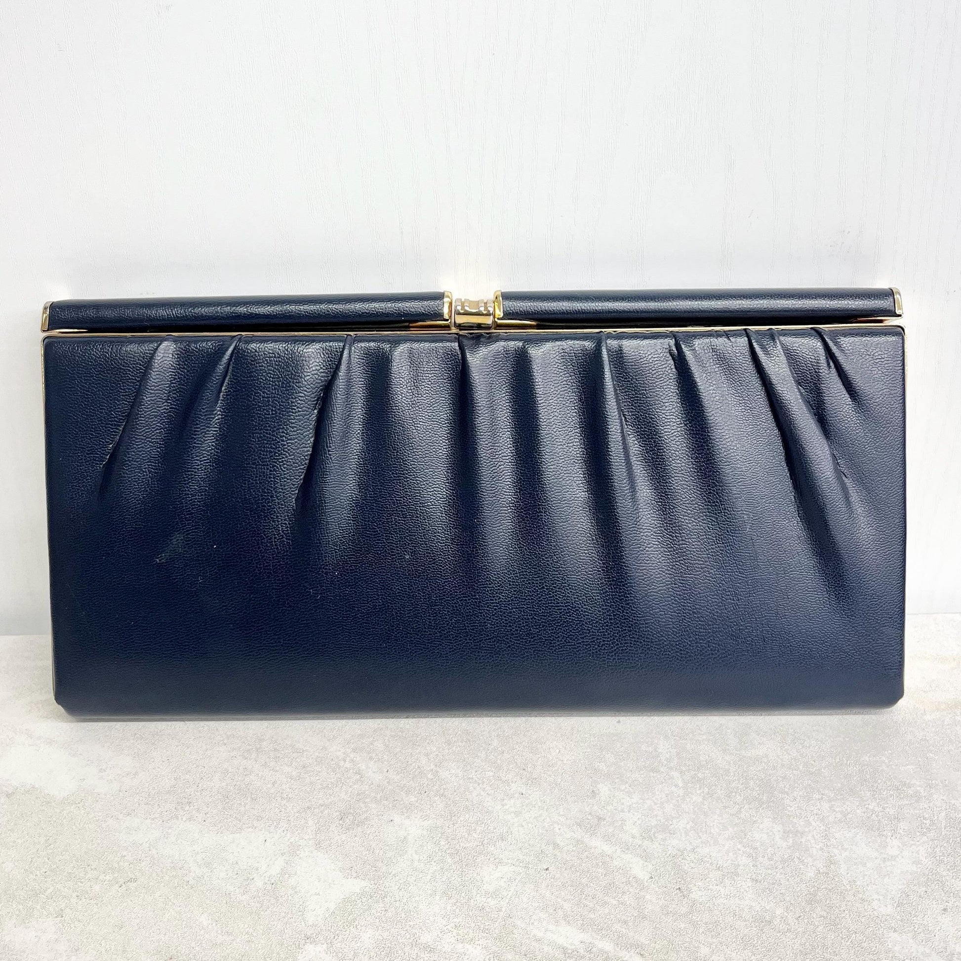 Navy Clutch Bag : Vintage Hard Cased Ruched Leather with Gold Clasp by Salisbury MillyOliverVintage