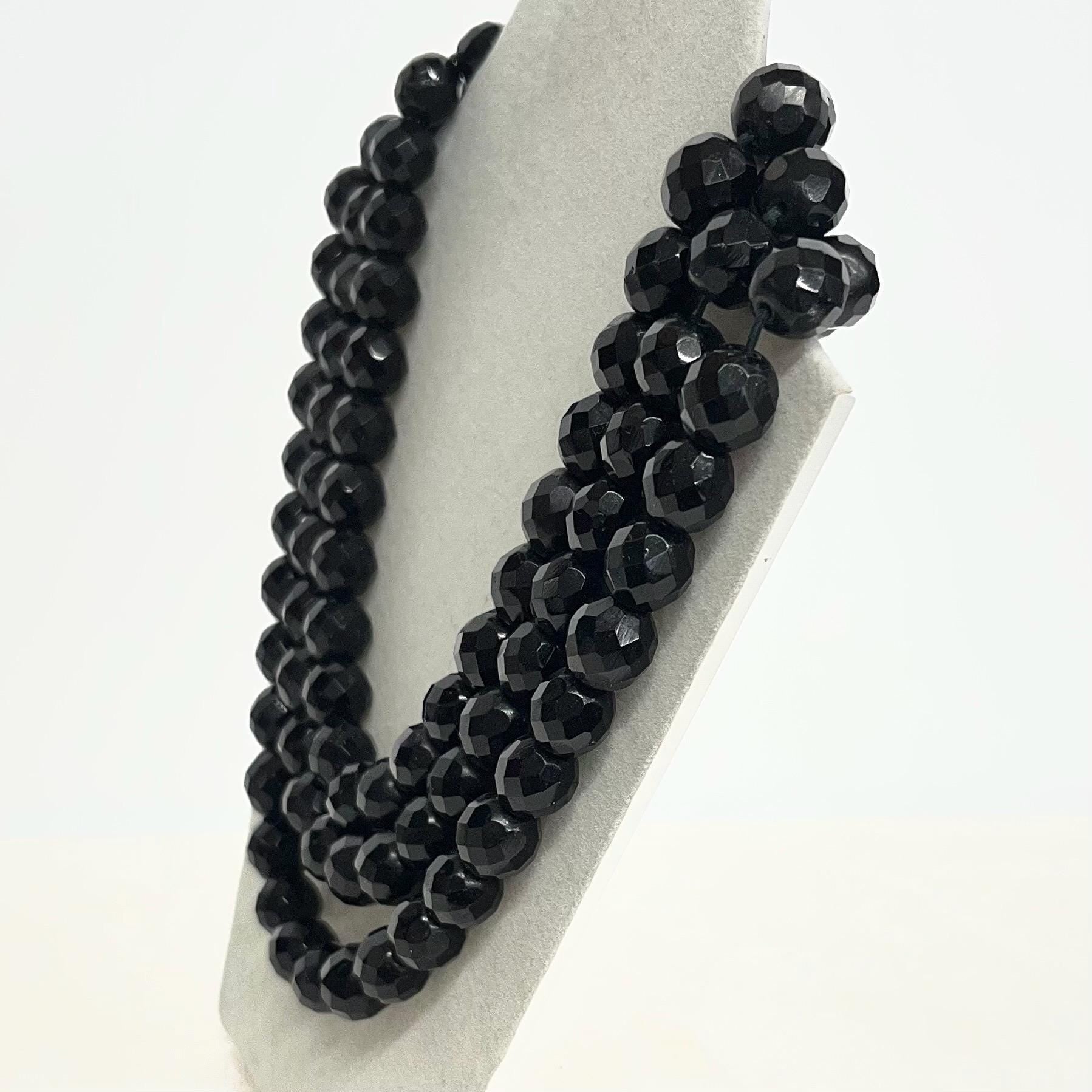 Three Strand Black Crystal Bead Necklace : Vintage Czech Firepolished Crystal Beads in a Waterfall Design with an Ornate Clasp MillyOliverVintage