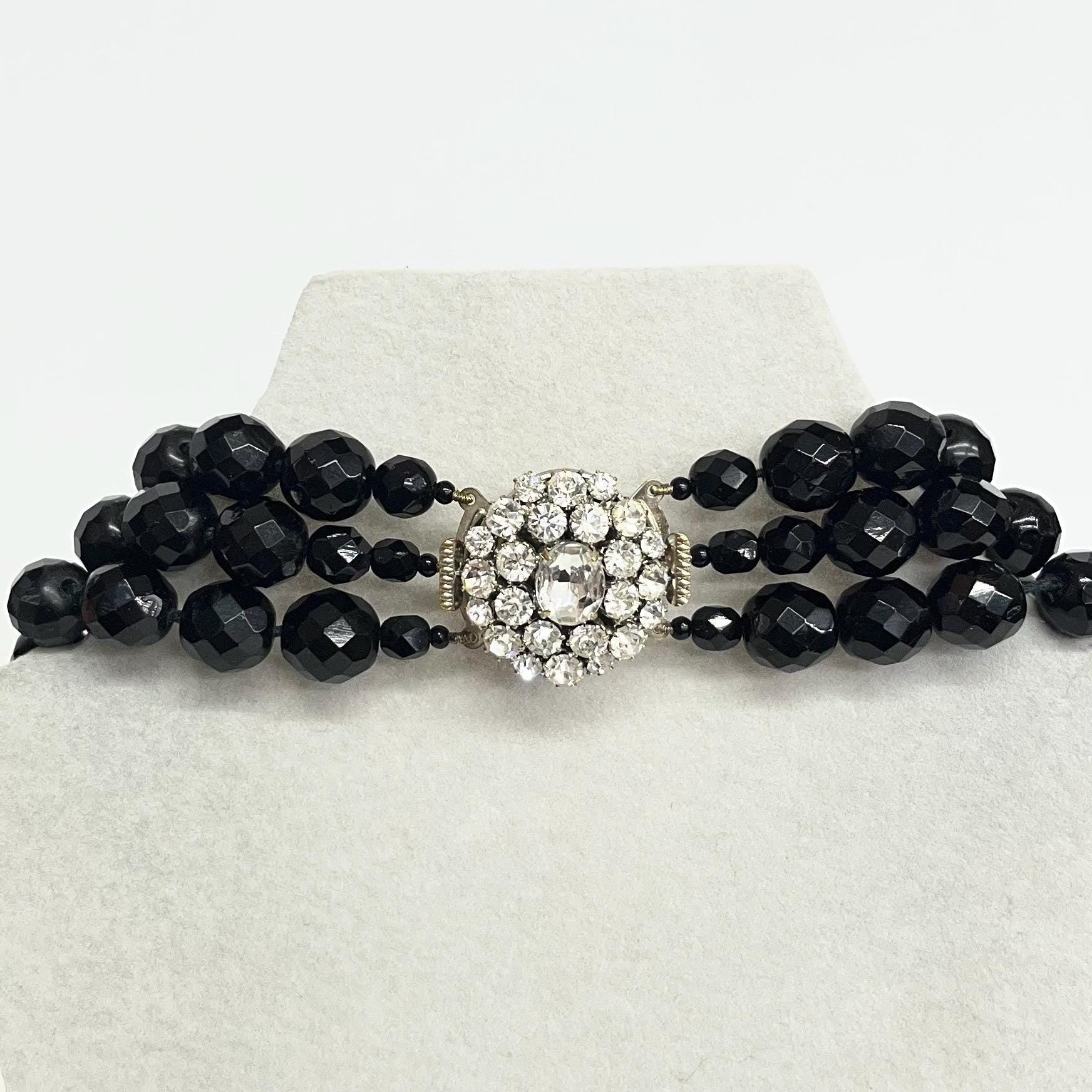 Three Strand Black Crystal Bead Necklace : Vintage Czech Firepolished Crystal Beads in a Waterfall Design with an Ornate Clasp MillyOliverVintage