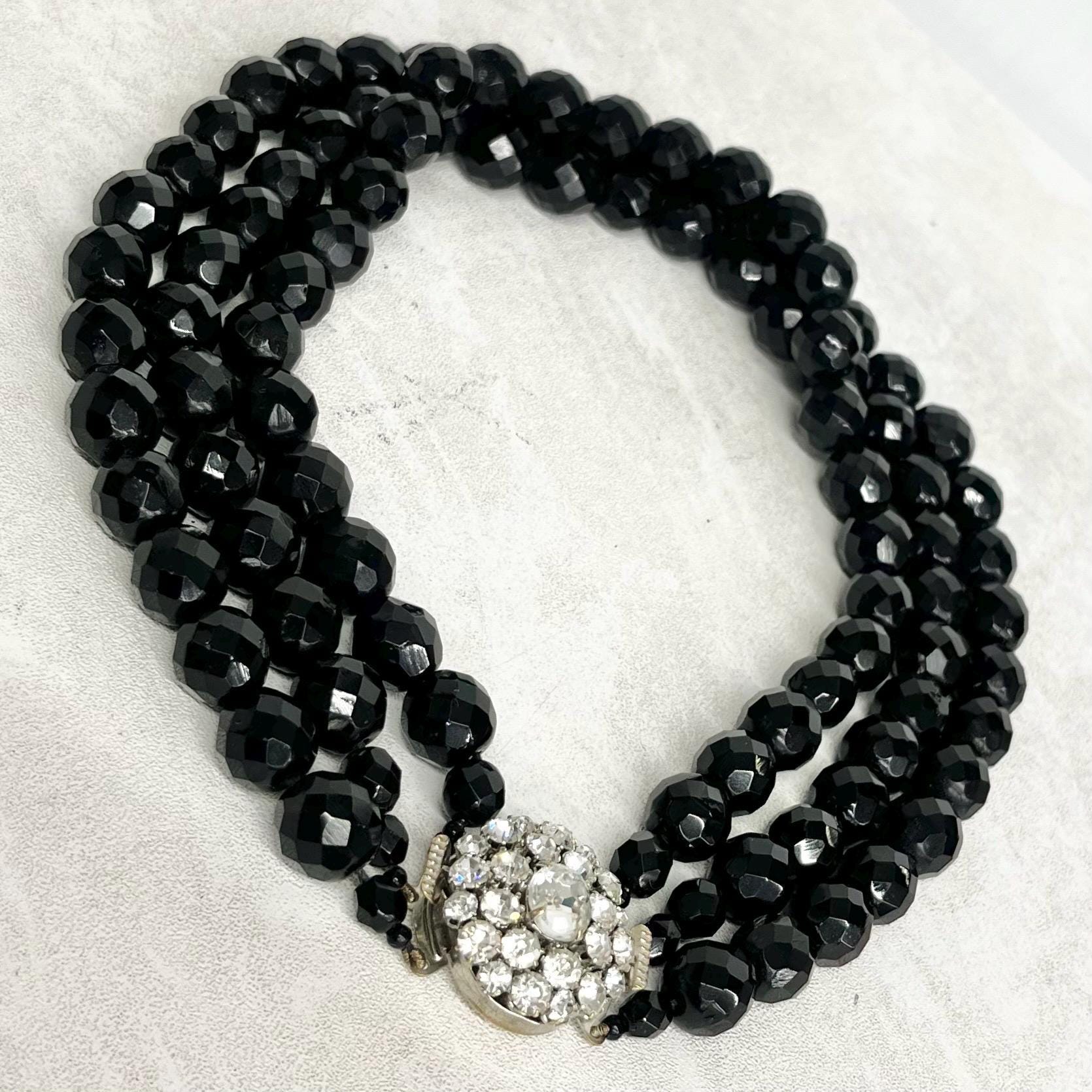 Three Strand Black Crystal Bead Necklace : Vintage Czech Firepolished Crystal Beads in a Waterfall Design with an Ornate Clasp MillyOliverVintage
