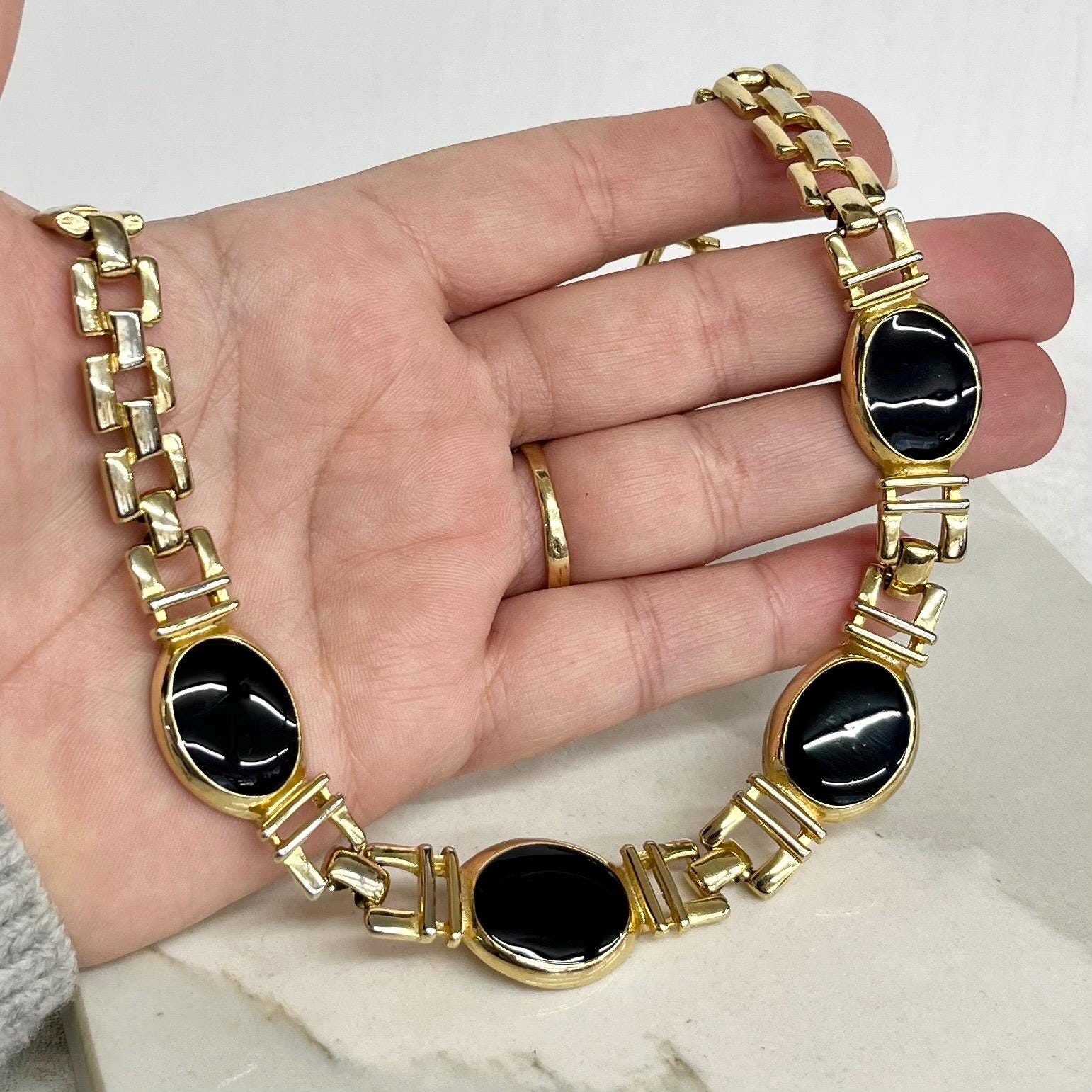 Black and Gold Tone Collar Necklace : Vintage 1970’s - 1980’s Statement Power Chain 16.5” MillyOliverVintage