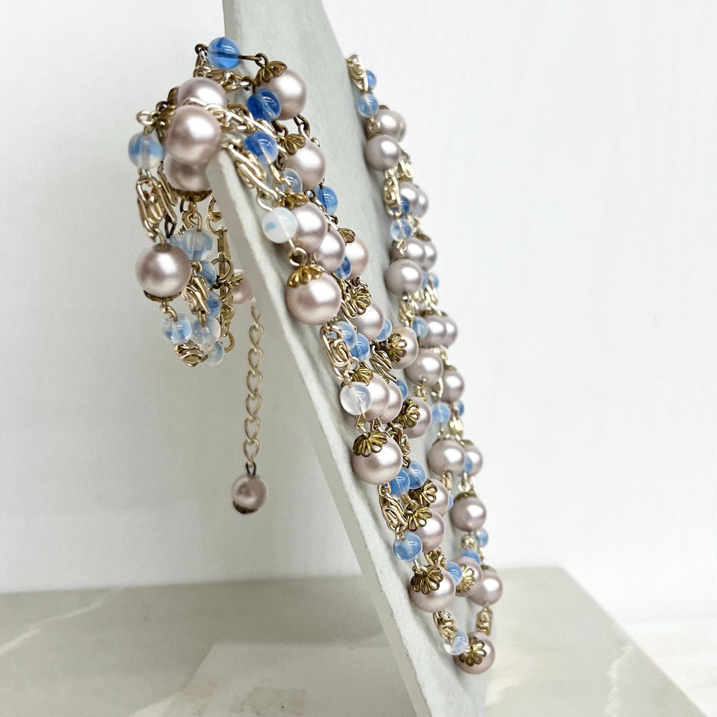 Multi Strand Blue Bead and Glass Pearl Necklace : Vintage Graduated Five Strands Necklace MillyOliverVintage