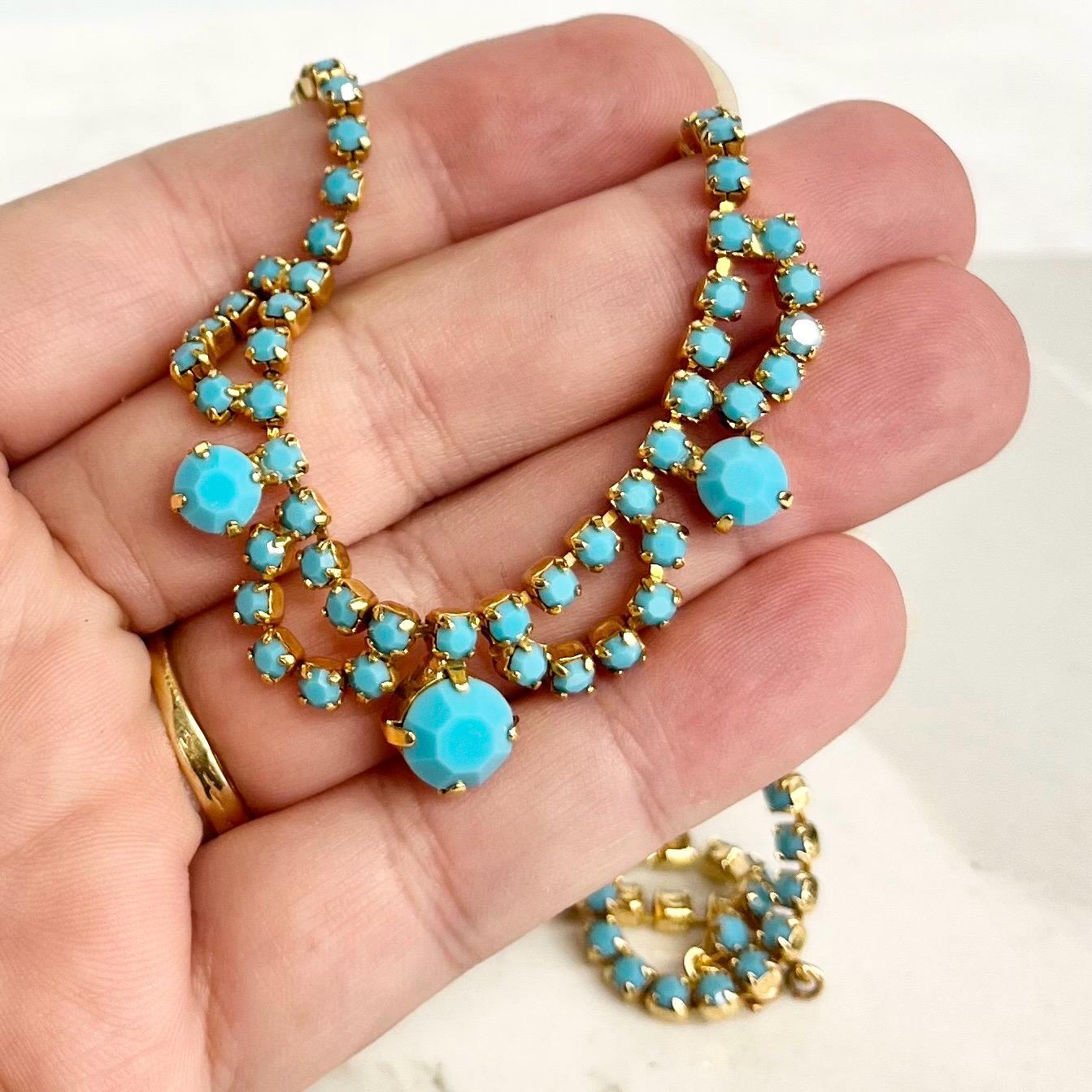 Turquoise Diamante Crystal Necklace : Vintage 1970s Blue Droplet Design in a Gold Tone Setting 15.5” Long MillyOliverVintage