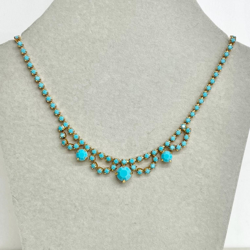 Turquoise Diamante Crystal Necklace : Vintage 1970s Blue Droplet Design in a Gold Tone Setting 15.5” Long MillyOliverVintage