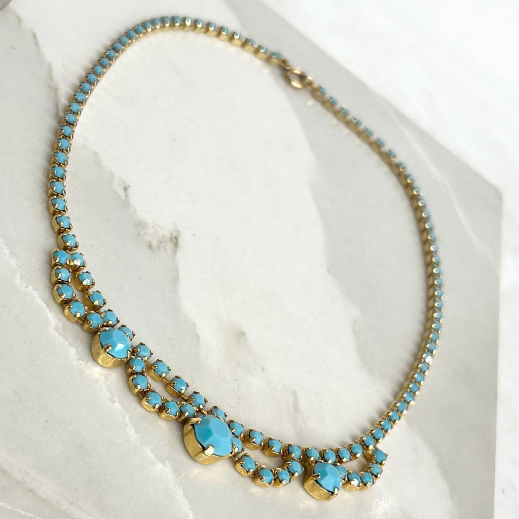 Turquoise Diamante Crystal Necklace : Vintage 1970s Blue Droplet Design in a Gold Tone Setting 15.5” Long MillyOliverVintage