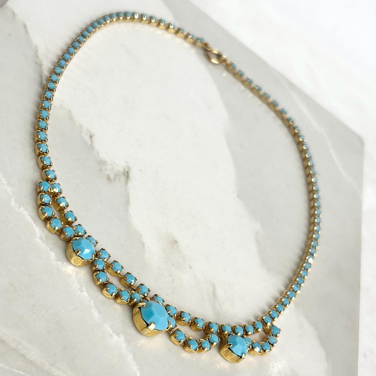 Turquoise Diamante Crystal Necklace : Vintage 1970s Blue Droplet Design in a Gold Tone Setting 15.5” Long MillyOliverVintage