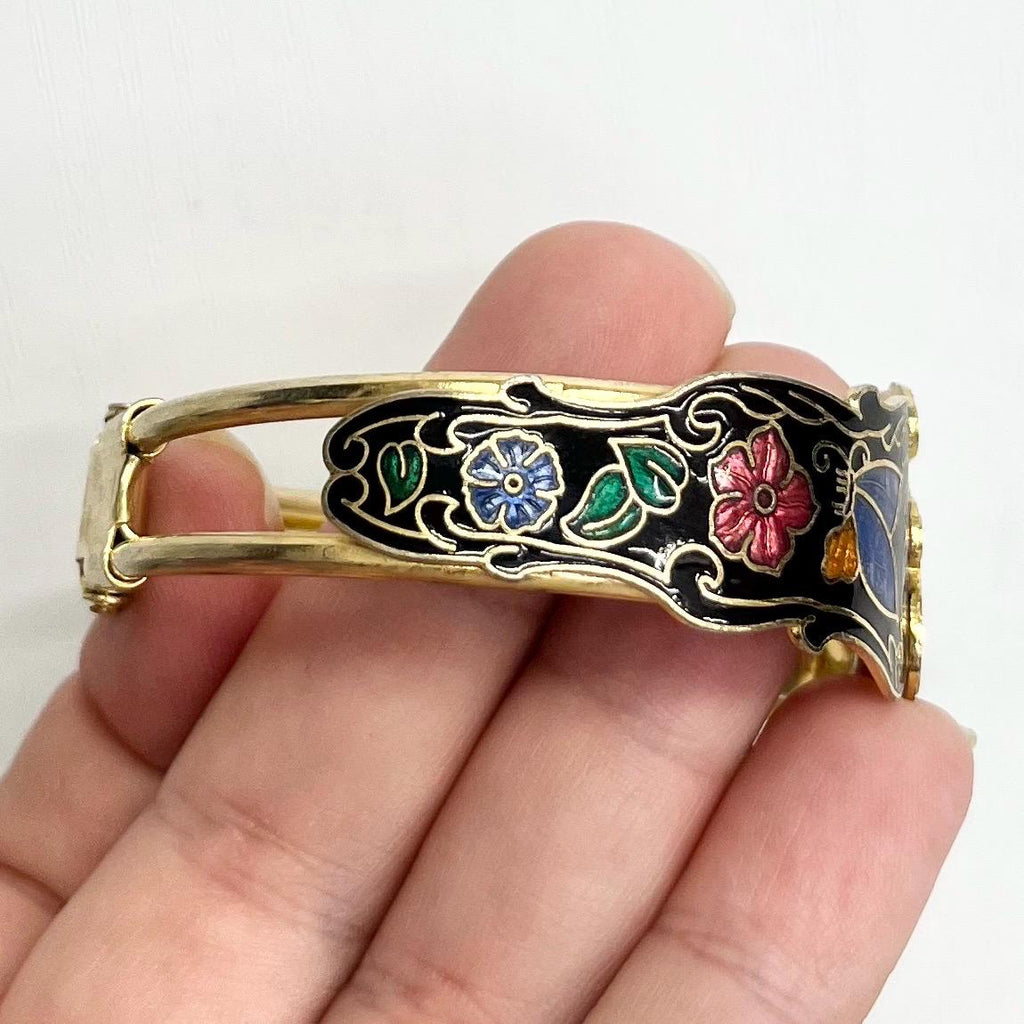 Floral Butterfly Cloisonne Enamelled Wide Bangle : Vintage Gold Tone Jewellery with Bright Colours on a Black Base MillyOliverVintage