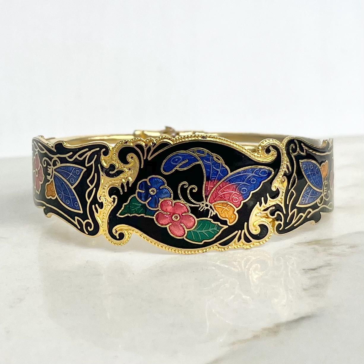 Floral Butterfly Cloisonne Enamelled Wide Bangle : Vintage Gold Tone Jewellery with Bright Colours on a Black Base MillyOliverVintage