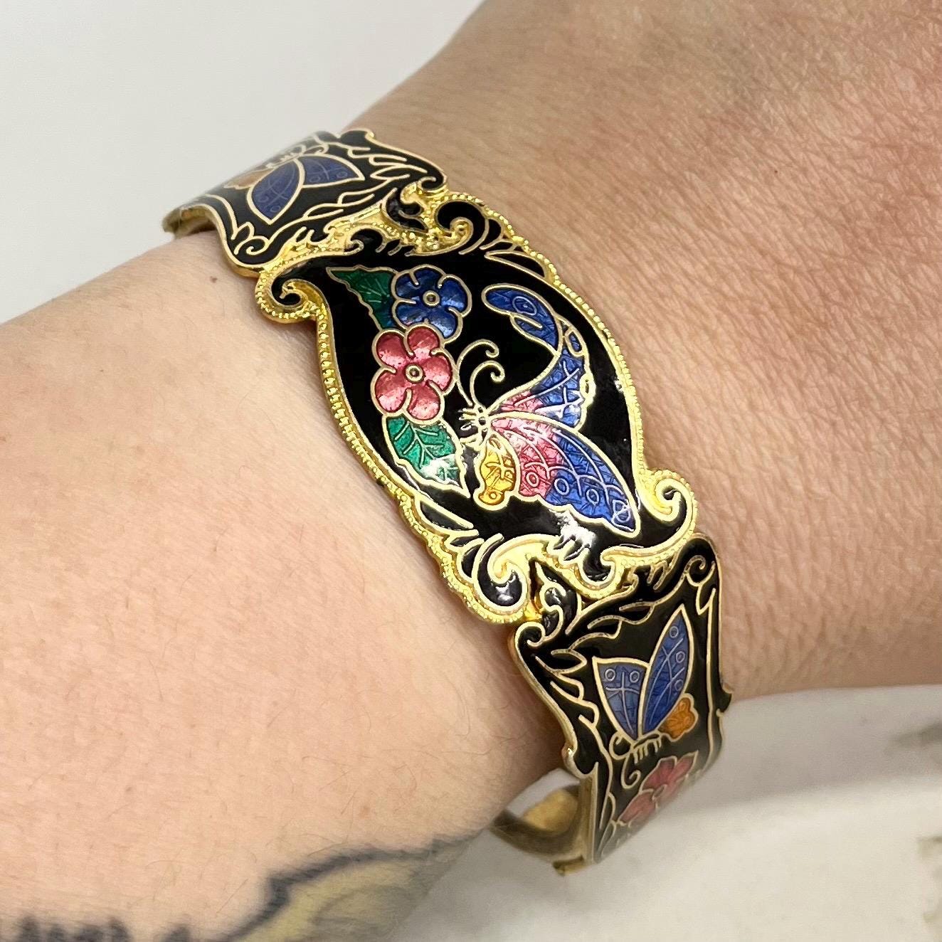 Floral Butterfly Cloisonne Enamelled Wide Bangle : Vintage Gold Tone Jewellery with Bright Colours on a Black Base MillyOliverVintage