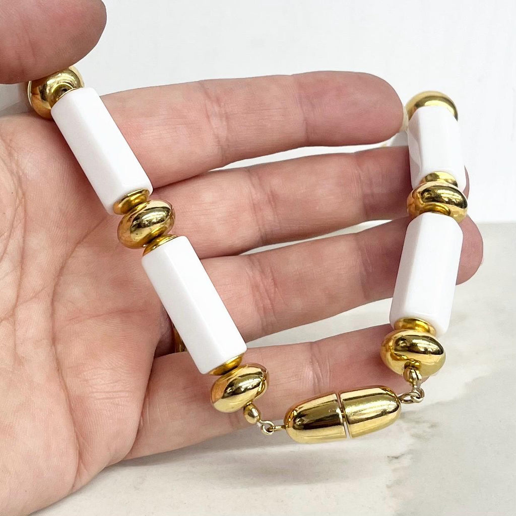 Chunky White Acrylic Bead Necklace : Vintage with Long Hexagonal Beads and Gold Tone Accents 19” Long MillyOliverVintage