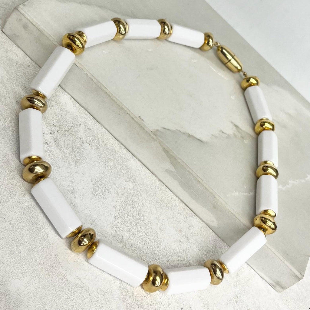 Chunky White Acrylic Bead Necklace : Vintage with Long Hexagonal Beads and Gold Tone Accents 19” Long MillyOliverVintage