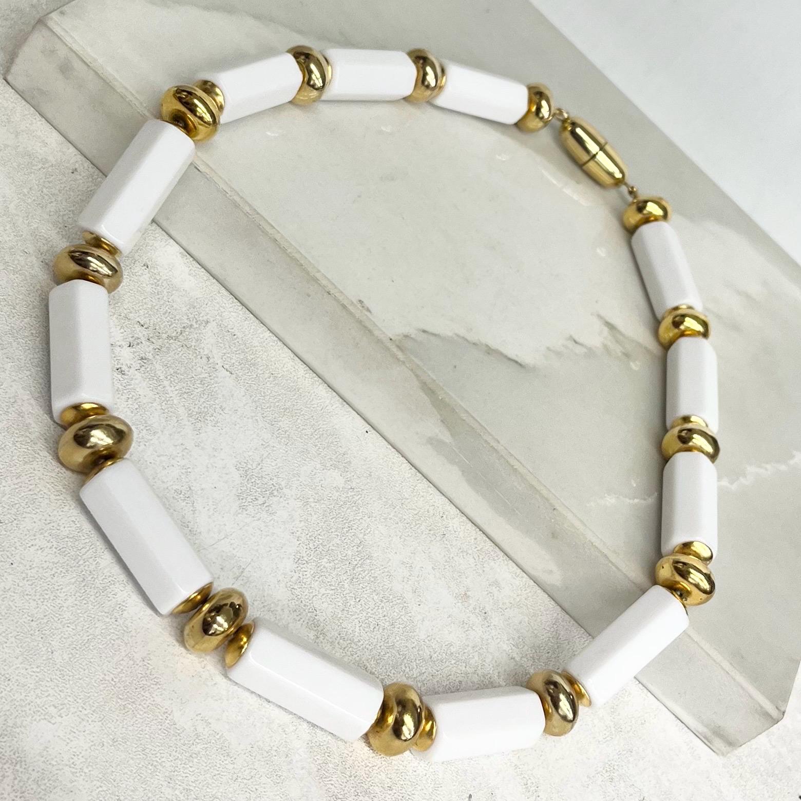 Chunky White Acrylic Bead Necklace : Vintage with Long Hexagonal Beads and Gold Tone Accents 19” Long MillyOliverVintage