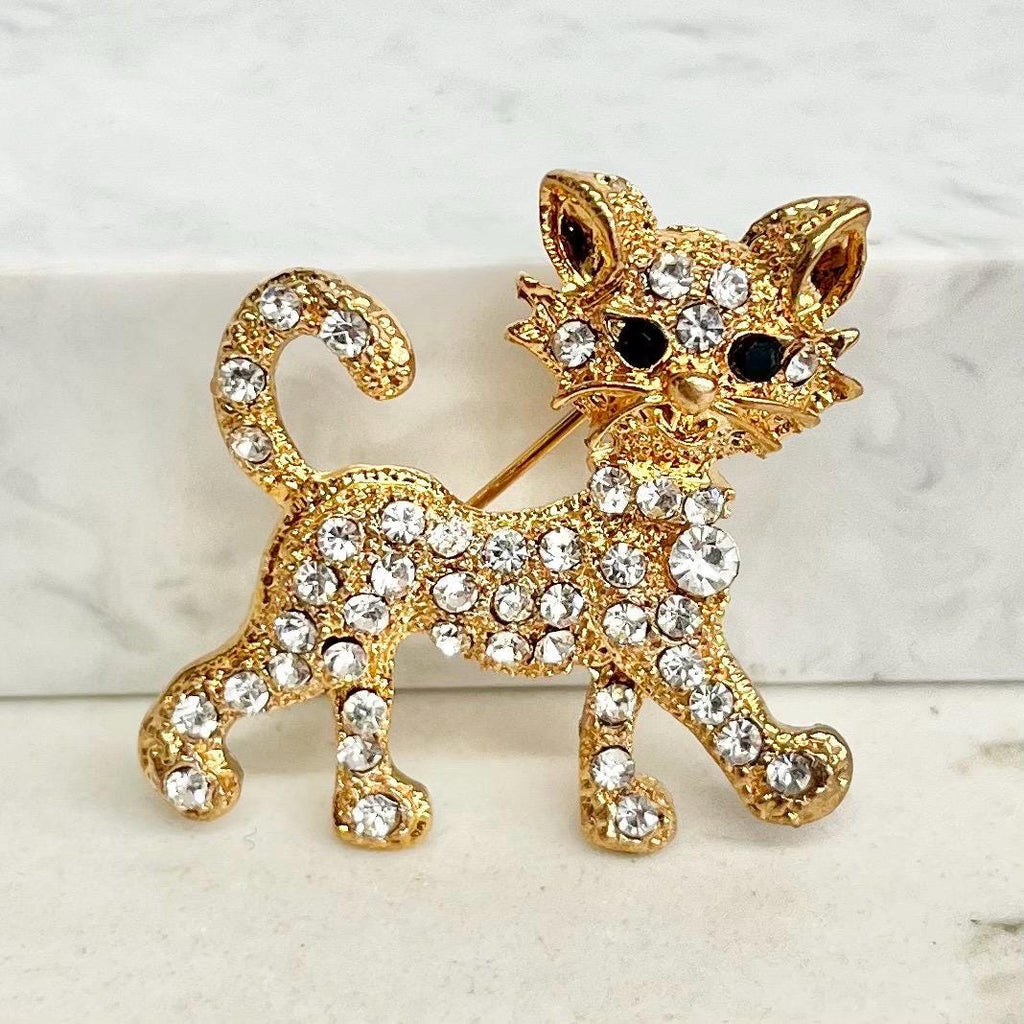Diamante Cat Brooch : Vintage with Clear Crystal Rhinestones in a Gold Tone Setting MillyOliverVintage