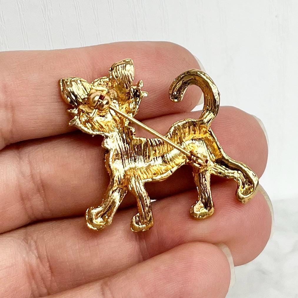 Diamante Cat Brooch : Vintage with Clear Crystal Rhinestones in a Gold Tone Setting MillyOliverVintage