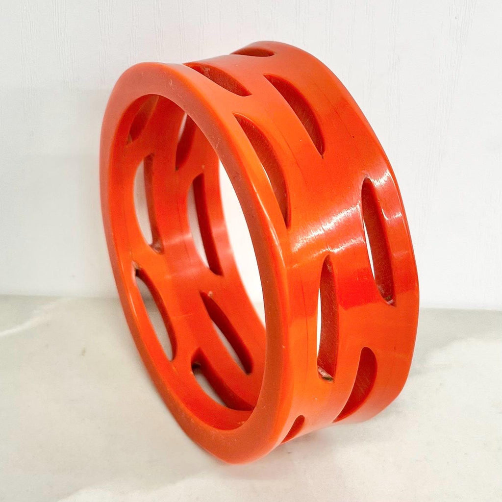 Orange Bakelite Bangle : Chunky Vintage Design with Crescent Shaped Cutout Details Costume Jewellery MillyOliverVintage