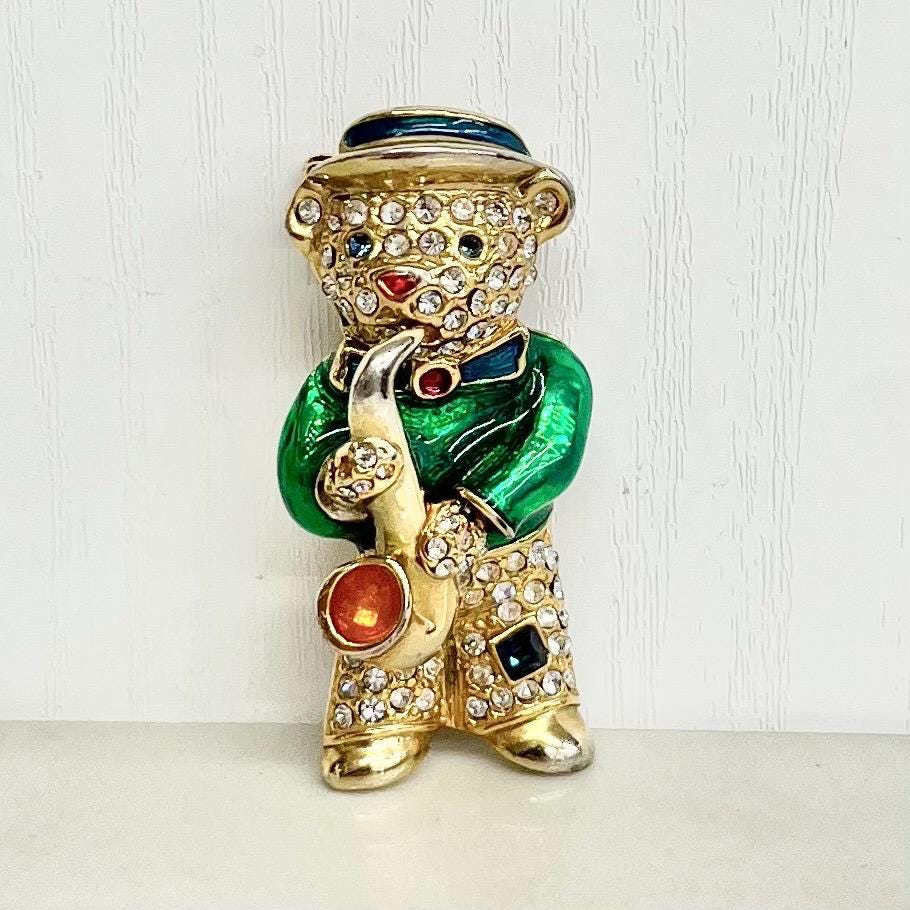 Teddy Bear Brooch : Vintage Saxophone Bear with Green Enamels and Sparkling Crystal Rhinestones MillyOliverVintage