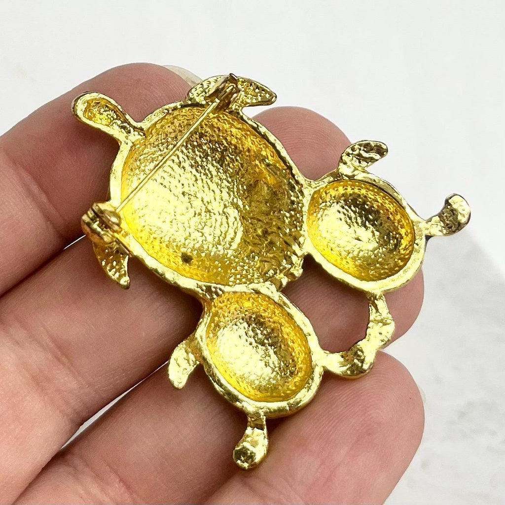 Green Turtle Brooch : Three Turtles with Green / Teal Enamels and Sparkling Crystal Rhinestone Accents in a Gold Tone Alloy MillyOliverVintage