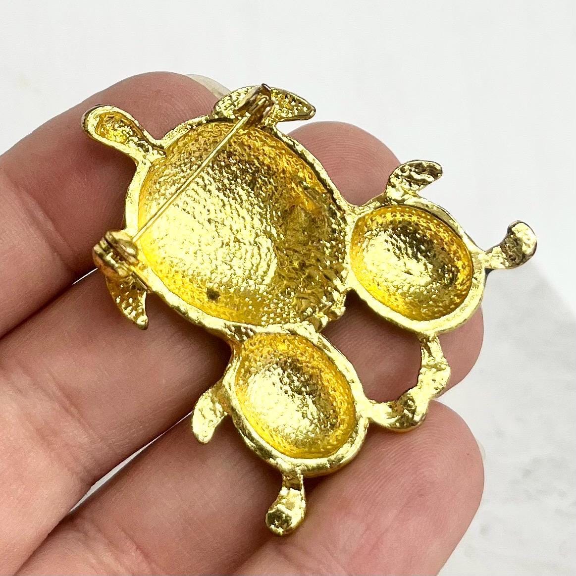 Green Turtle Brooch : Three Turtles with Green / Teal Enamels and Sparkling Crystal Rhinestone Accents in a Gold Tone Alloy MillyOliverVintage