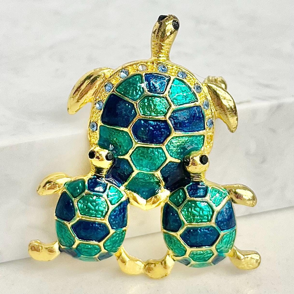 Green Turtle Brooch : Three Turtles with Green / Teal Enamels and Sparkling Crystal Rhinestone Accents in a Gold Tone Alloy MillyOliverVintage
