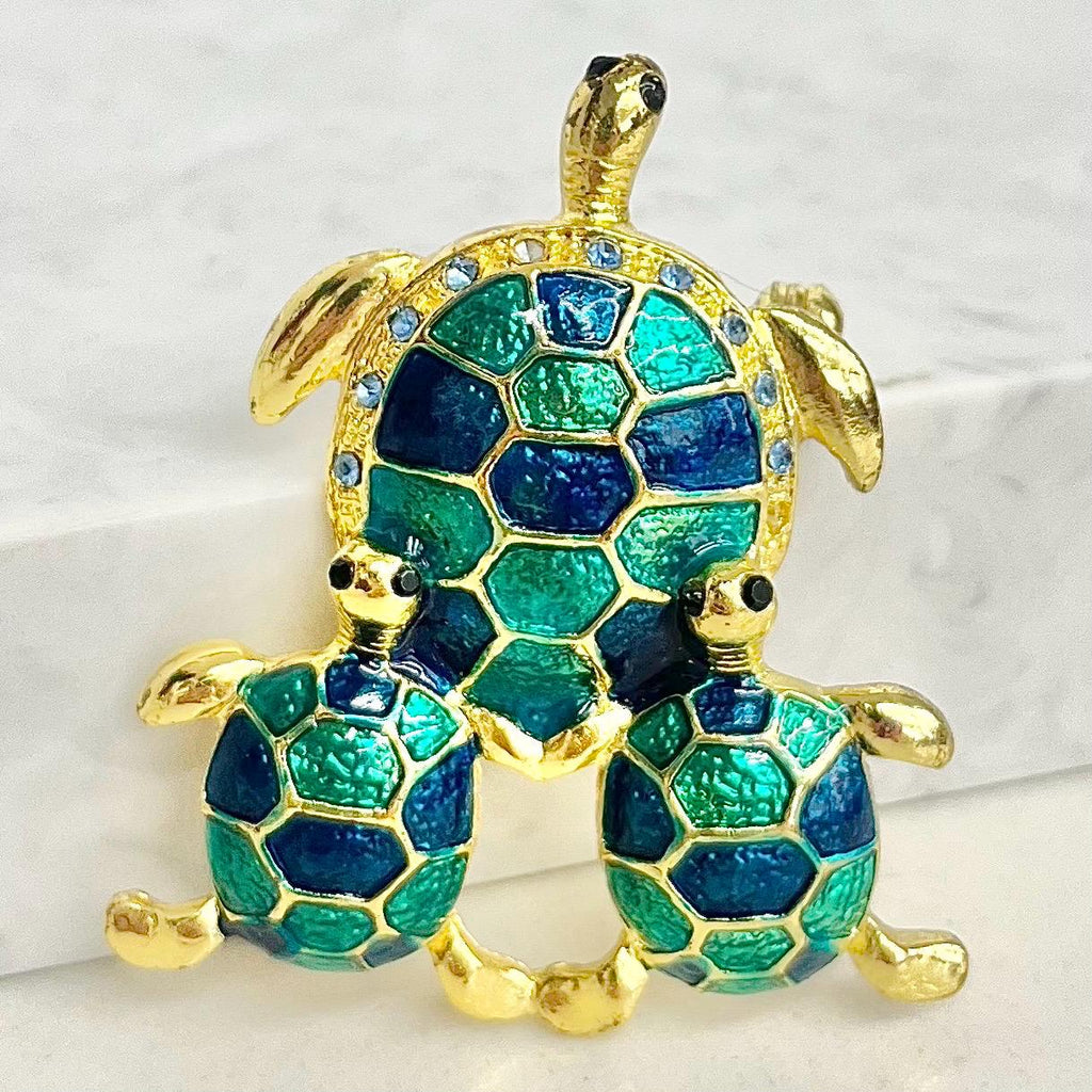 Green Turtle Brooch : Three Turtles with Green / Teal Enamels and Sparkling Crystal Rhinestone Accents in a Gold Tone Alloy MillyOliverVintage