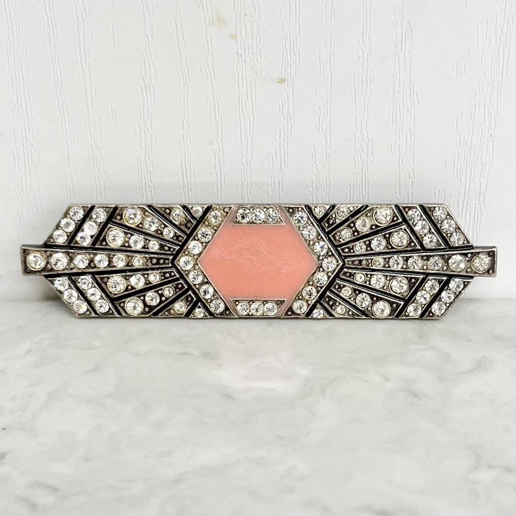 Art Deco Pink Enamelled Rhinestone Brooch : Vintage Pierre Bex Style with a Trombone Clasp MillyOliverVintage