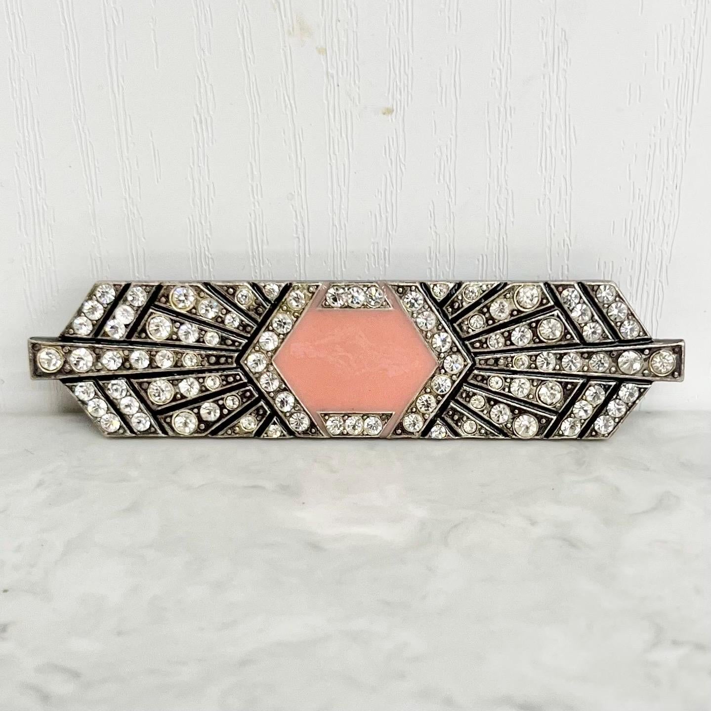 Art Deco Pink Enamelled Rhinestone Brooch : Vintage Pierre Bex Style with a Trombone Clasp MillyOliverVintage