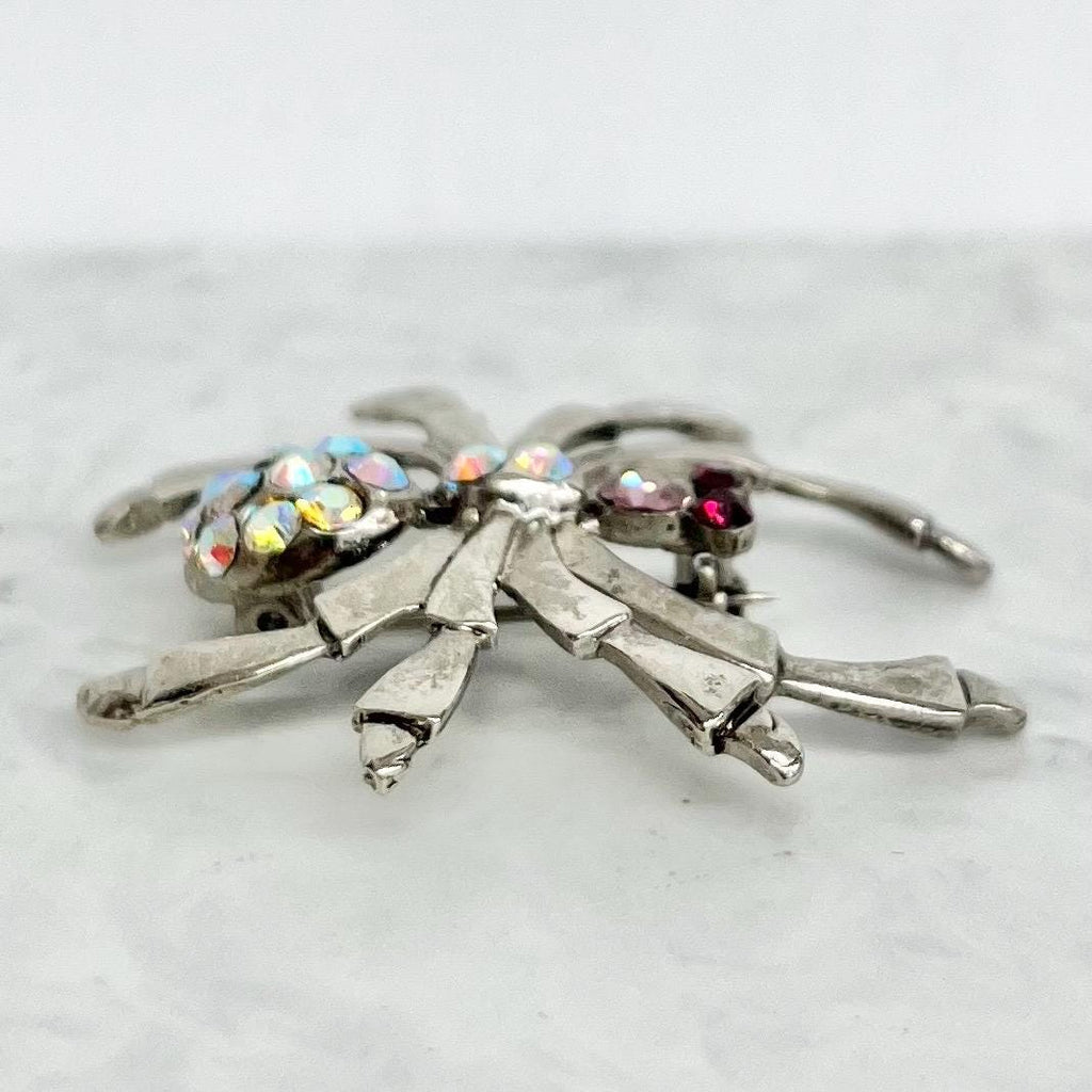 Spider Brooch : Vintage Insect Brooch with Czech Crystal Rhinestone Accents in Red Pink and Aurora Borealis in a Silver Tone Setting MillyOliverVintage