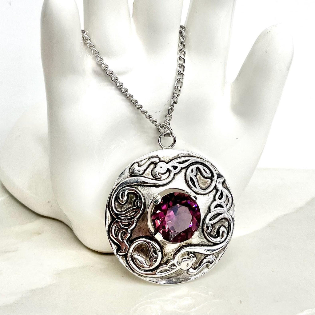Large Celtic Pendant - Vintage CJ Scotland Dilver Tone with a Huge Amethyst Crystal Centre 30” Long Chain MillyOliverVintage