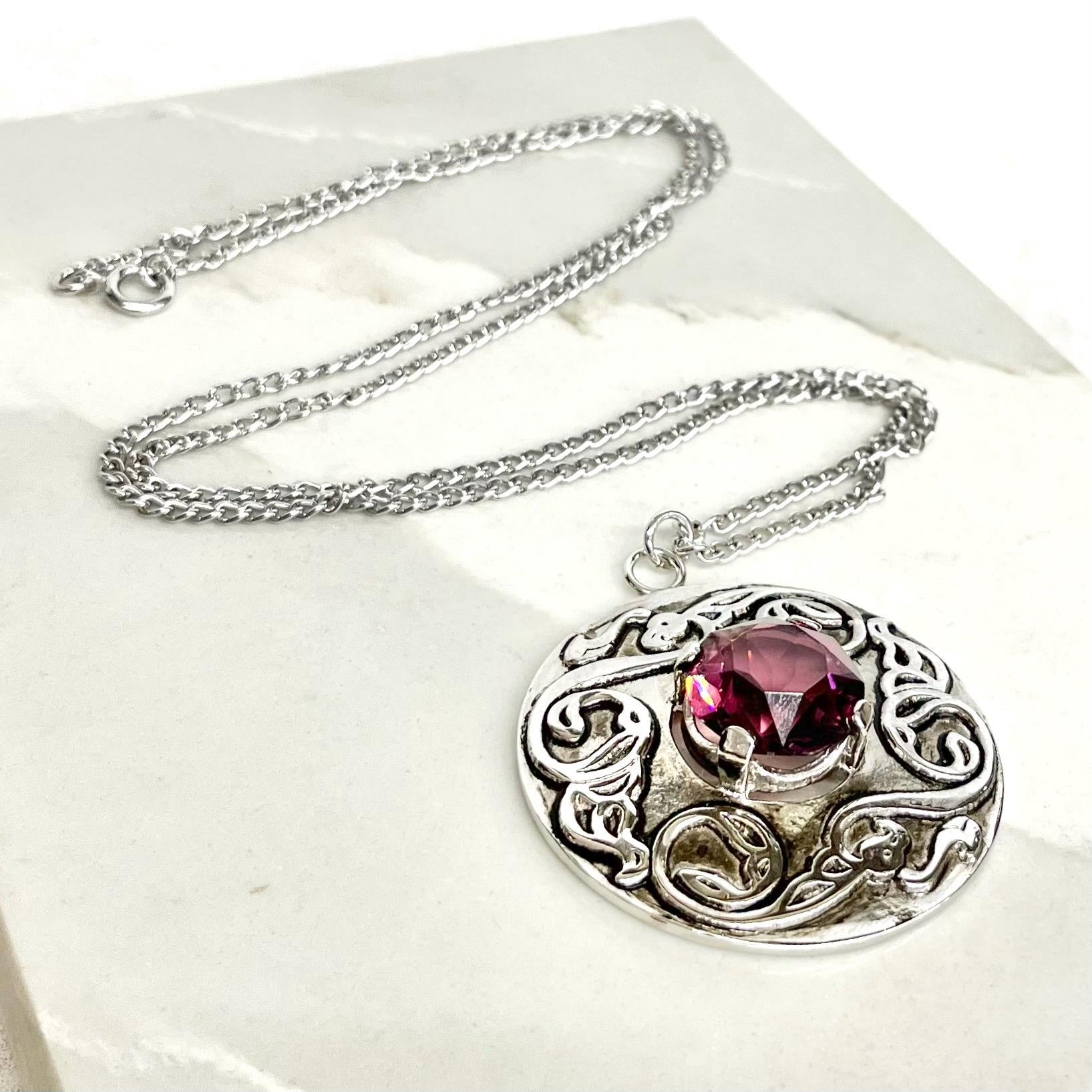 Large Celtic Pendant - Vintage CJ Scotland Dilver Tone with a Huge Amethyst Crystal Centre 30” Long Chain MillyOliverVintage