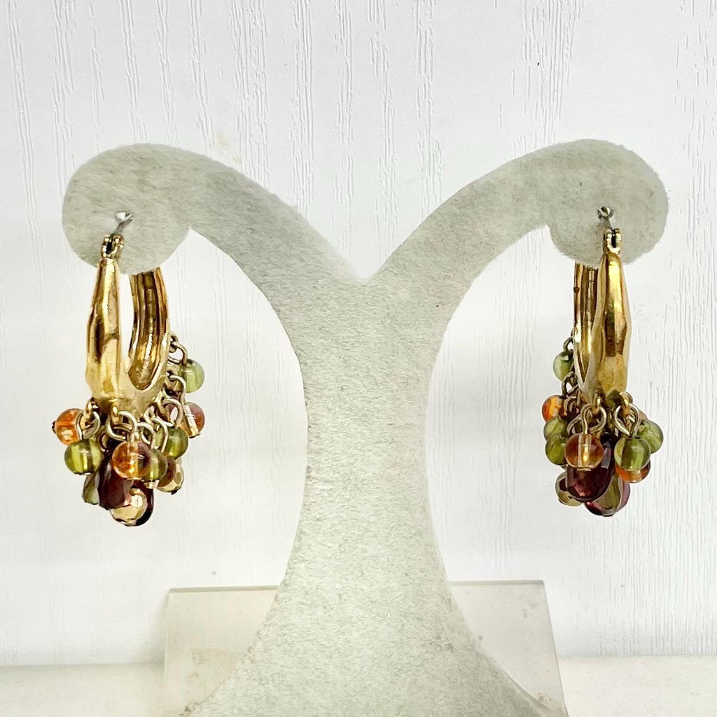 Liz Claiborne Bead Drop Hoop Earrings : Vintage Gold Plate with Bead Cluster Drops in Autumnal Tones MillyOliverVintage