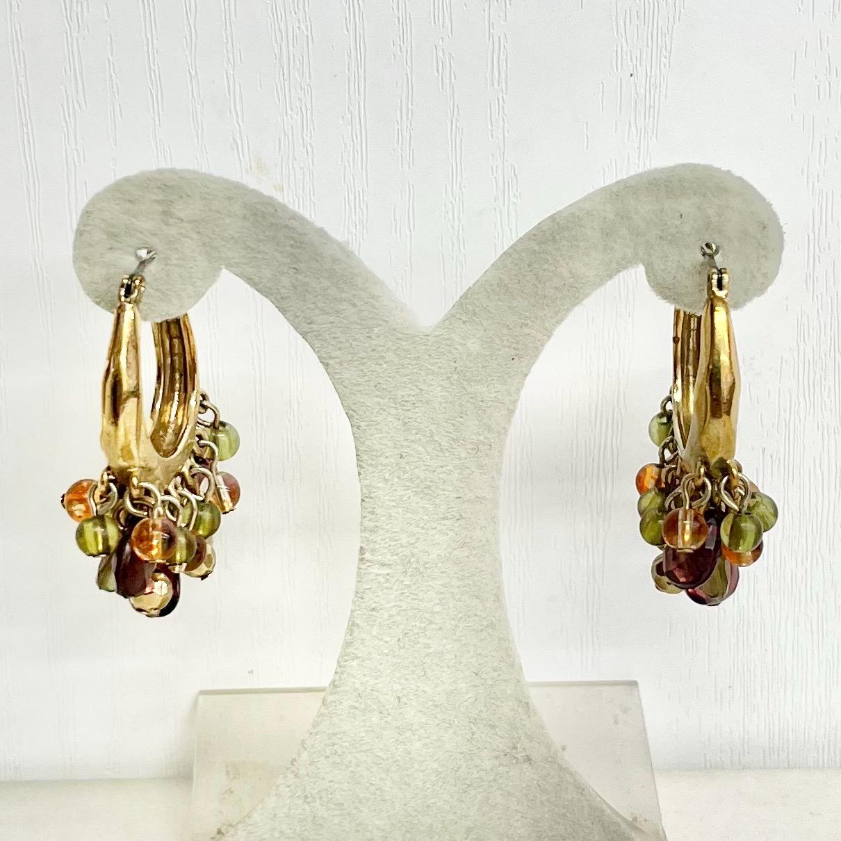 Liz Claiborne Bead Drop Hoop Earrings : Vintage Gold Plate with Bead Cluster Drops in Autumnal Tones MillyOliverVintage
