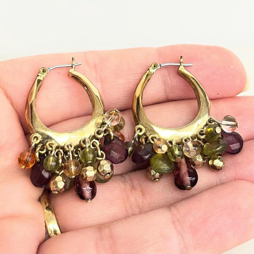 Liz Claiborne Bead Drop Hoop Earrings : Vintage Gold Plate with Bead Cluster Drops in Autumnal Tones MillyOliverVintage