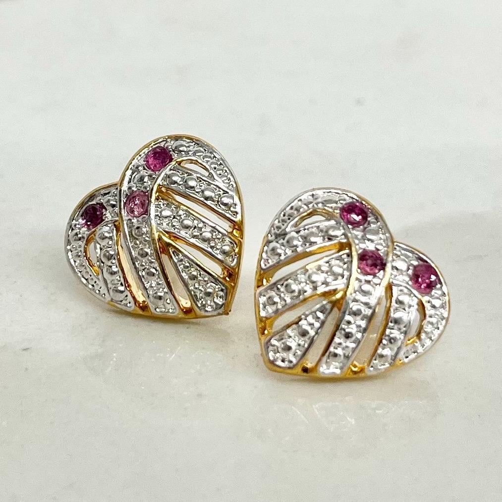 Filigree Heart Earrings for Pierced Ears : Vintage Gold Plate with Ruby Coloured Crystal Accents 1980’s 1990’s MillyOliverVintage