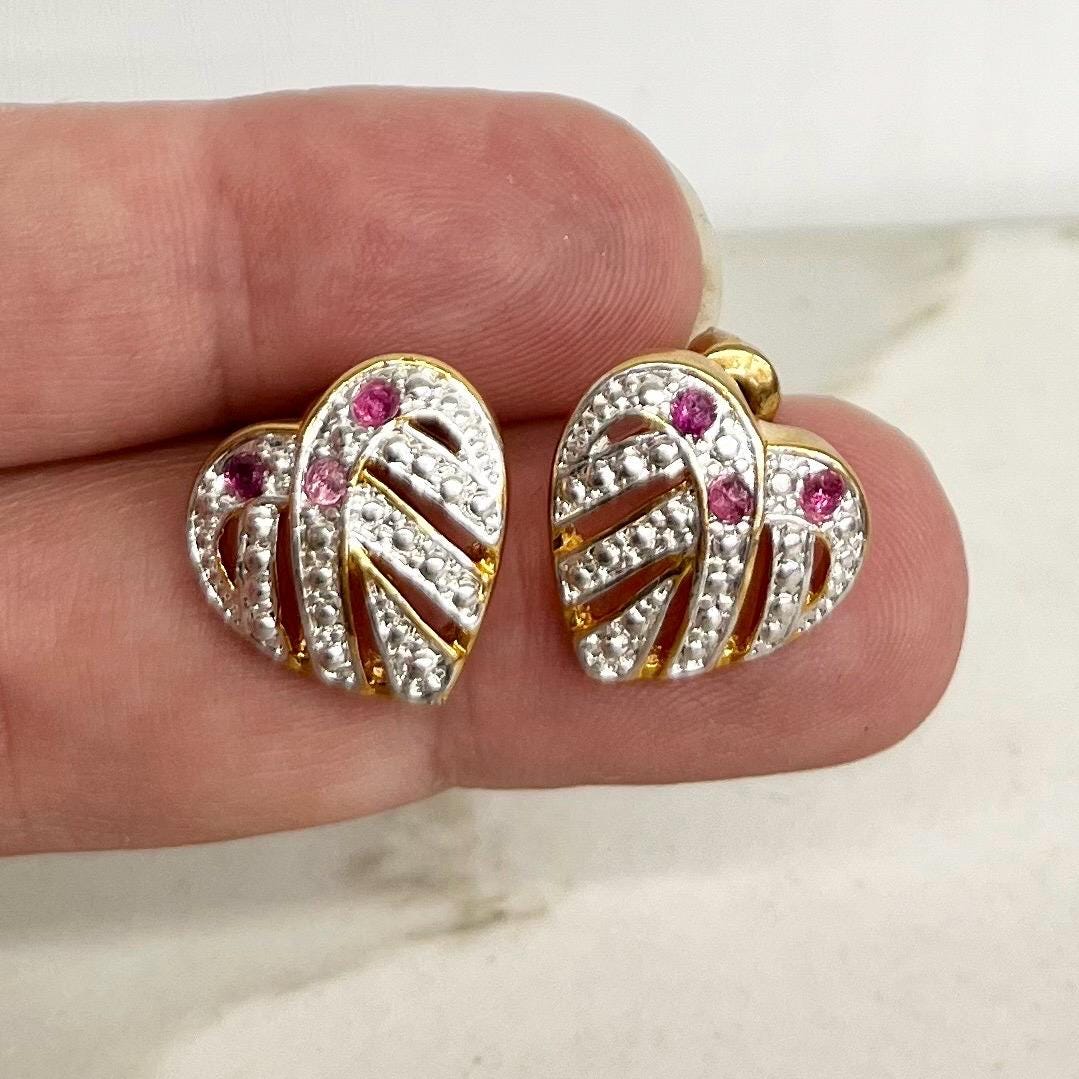 Filigree Heart Earrings for Pierced Ears : Vintage Gold Plate with Ruby Coloured Crystal Accents 1980’s 1990’s MillyOliverVintage