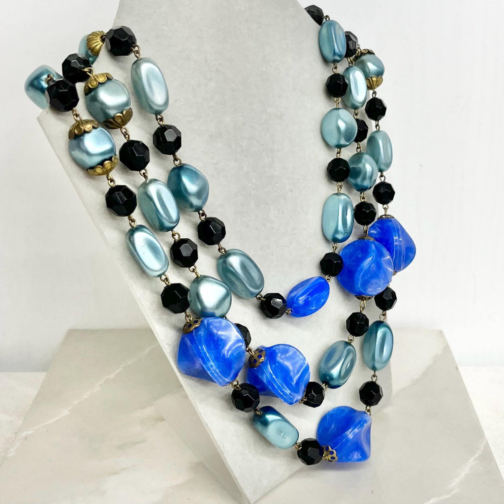 Multi Strand Blue Plastic Bead Necklace : Vintage Chunky Beads 17” Long Waterfall Design MillyOliverVintage