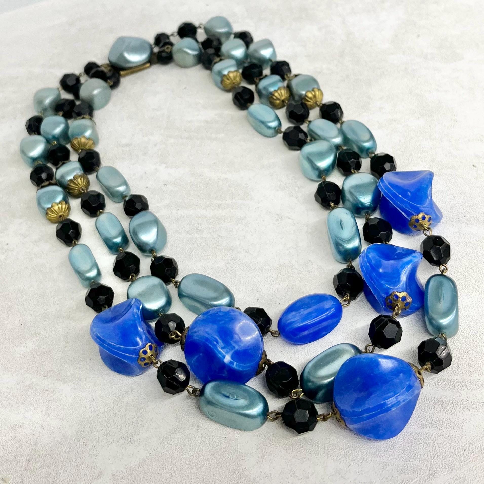 Multi Strand Blue Plastic Bead Necklace : Vintage Chunky Beads 17” Long Waterfall Design MillyOliverVintage