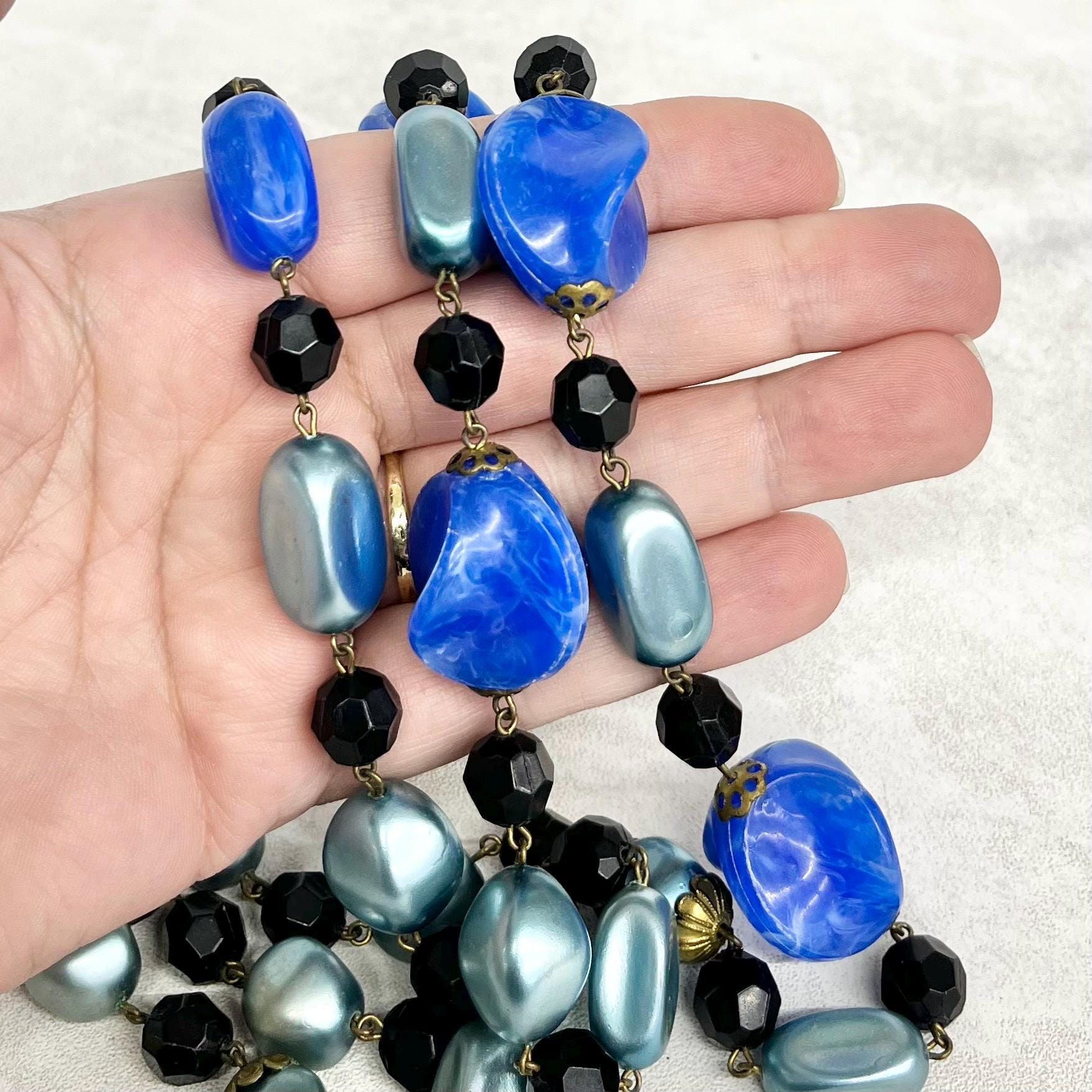 Multi Strand Blue Plastic Bead Necklace : Vintage Chunky Beads 17” Long Waterfall Design MillyOliverVintage