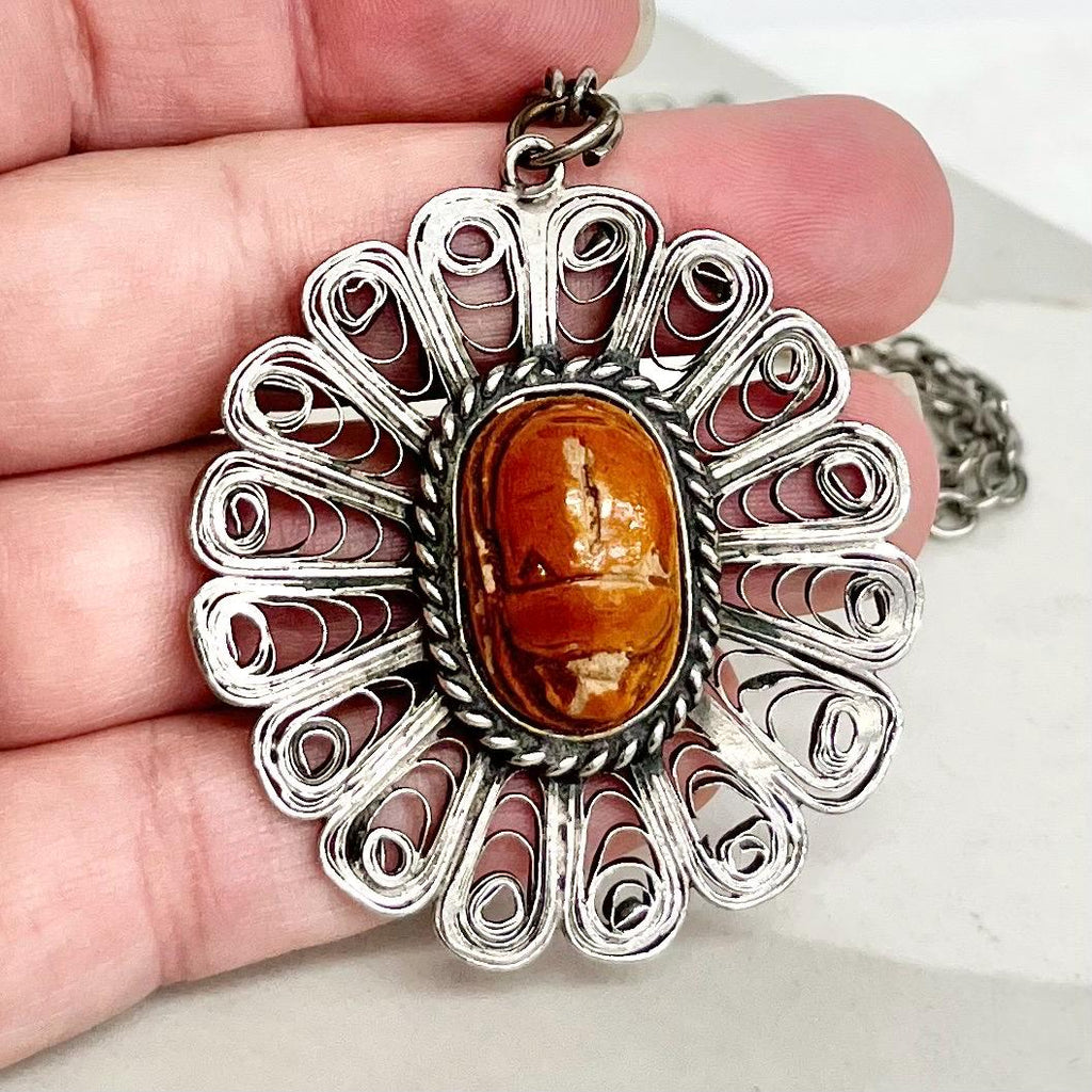 Large Egyptian Revival Pendant : Vintage Necklace with a Ceramic Scarab Beetle Cabochon Centre in a Filigree Setting 29” Long Chain MillyOliverVintage