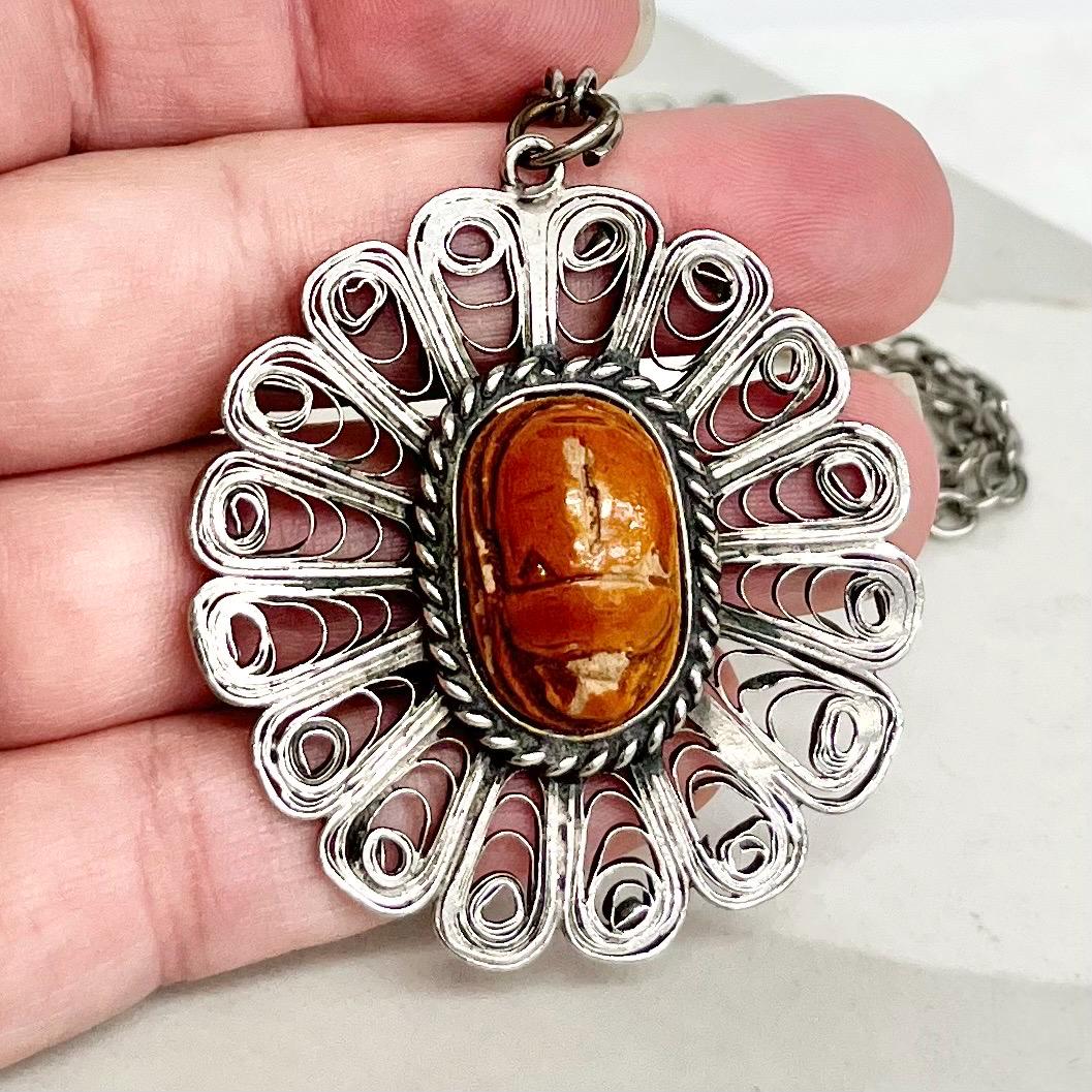 Large Egyptian Revival Pendant : Vintage Necklace with a Ceramic Scarab Beetle Cabochon Centre in a Filigree Setting 29” Long Chain MillyOliverVintage