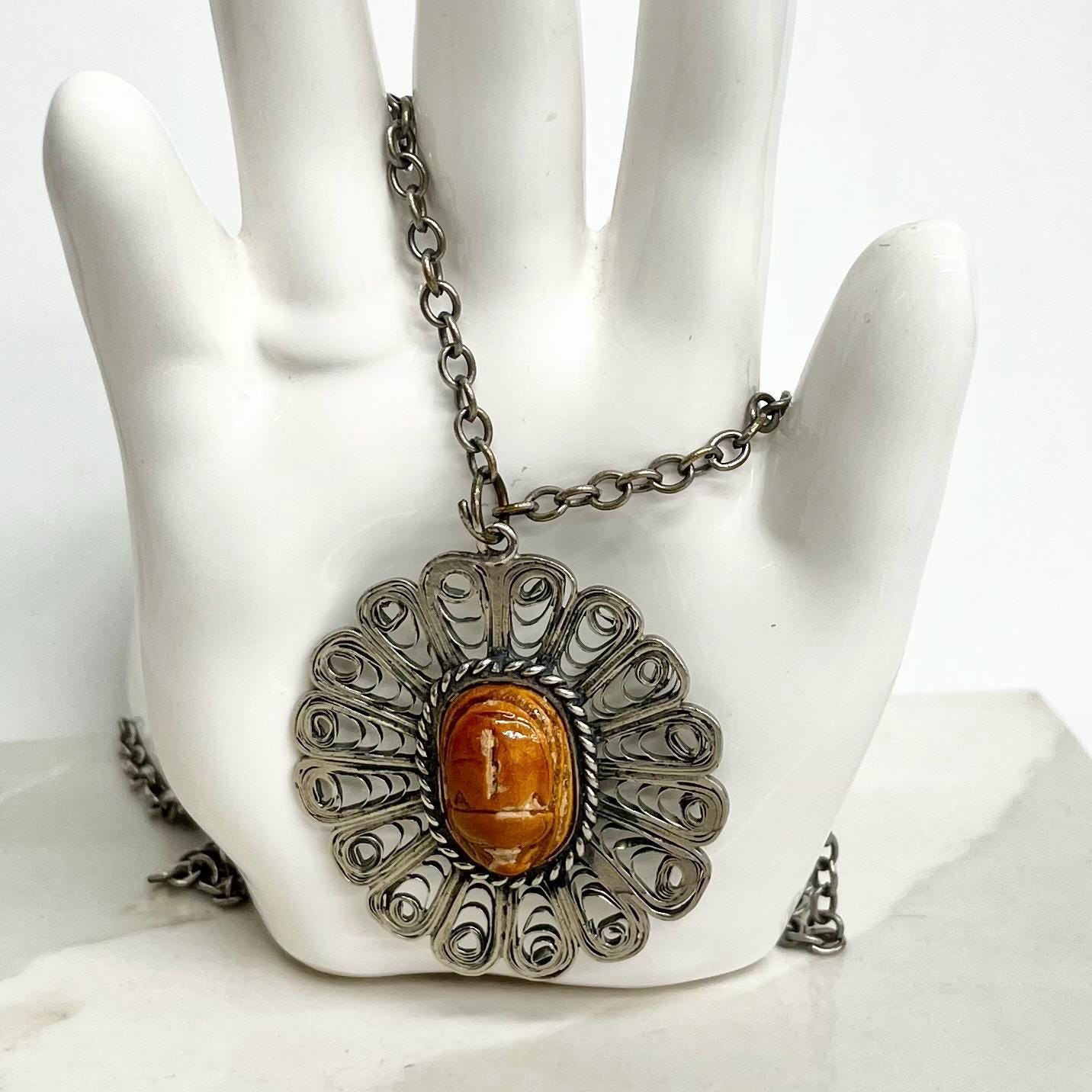 Large Egyptian Revival Pendant : Vintage Necklace with a Ceramic Scarab Beetle Cabochon Centre in a Filigree Setting 29” Long Chain MillyOliverVintage
