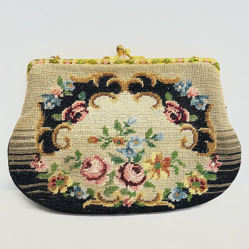 1940’s Needlepoint Tapestry Evening Bag : Hand Stitched Beautifully Floral Design MillyOliverVintage