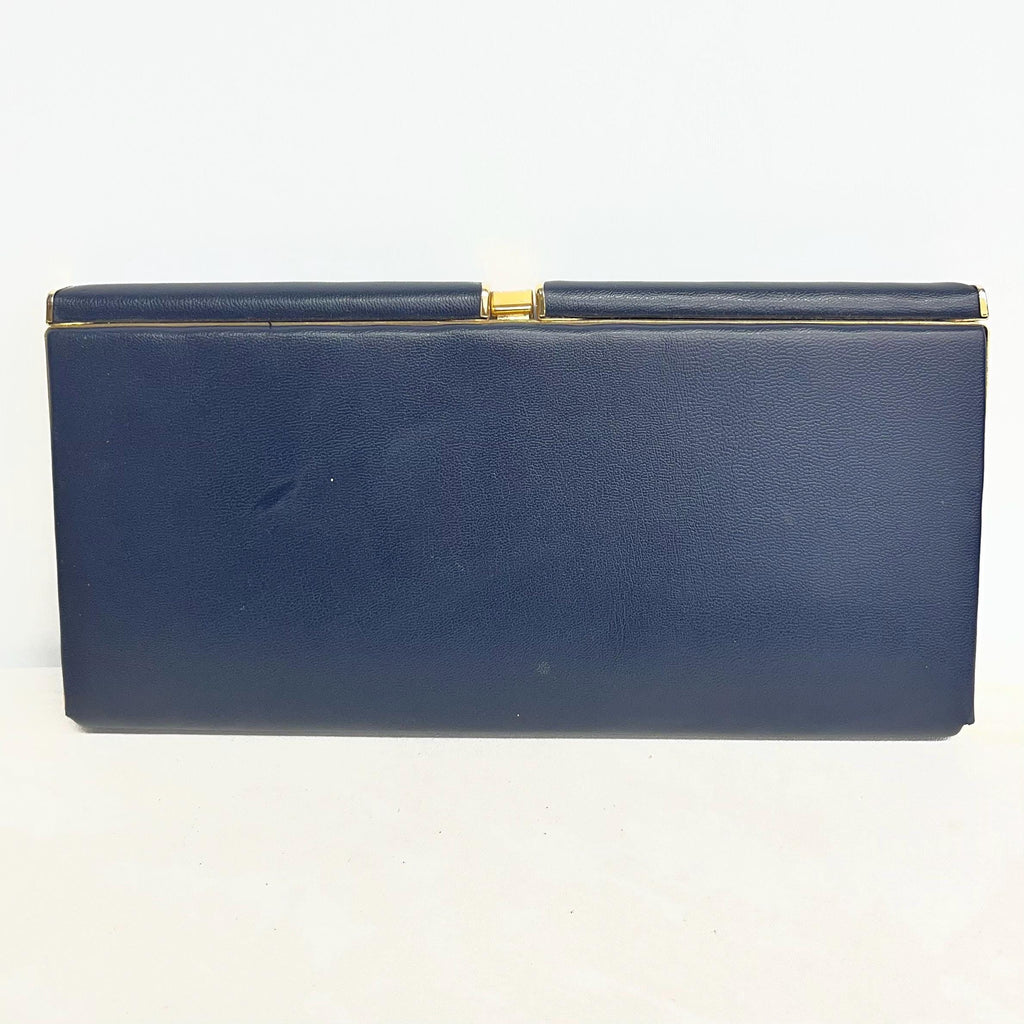 Navy Clutch Bag : Vintage Hard Cased Ruched Leather with Gold Clasp by Salisbury MillyOliverVintage