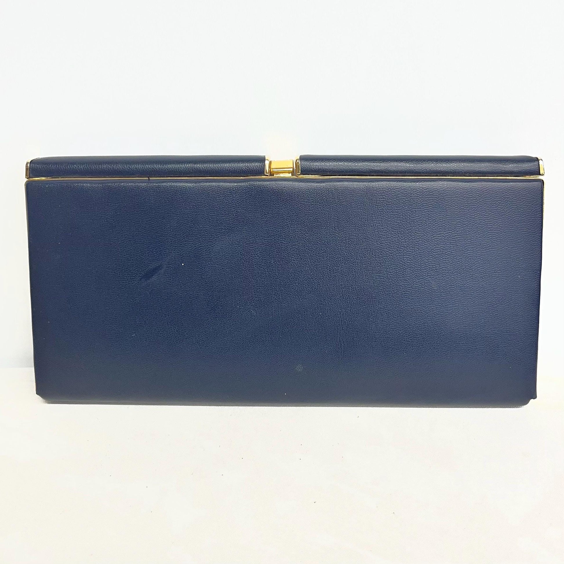 Navy Clutch Bag : Vintage Hard Cased Ruched Leather with Gold Clasp by Salisbury MillyOliverVintage